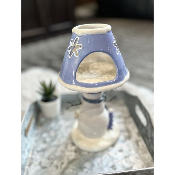Snowman Ceramic Votive Tea Light Candle Holder Winter Snowflakes Blue White 10” - Picture 2 of 5